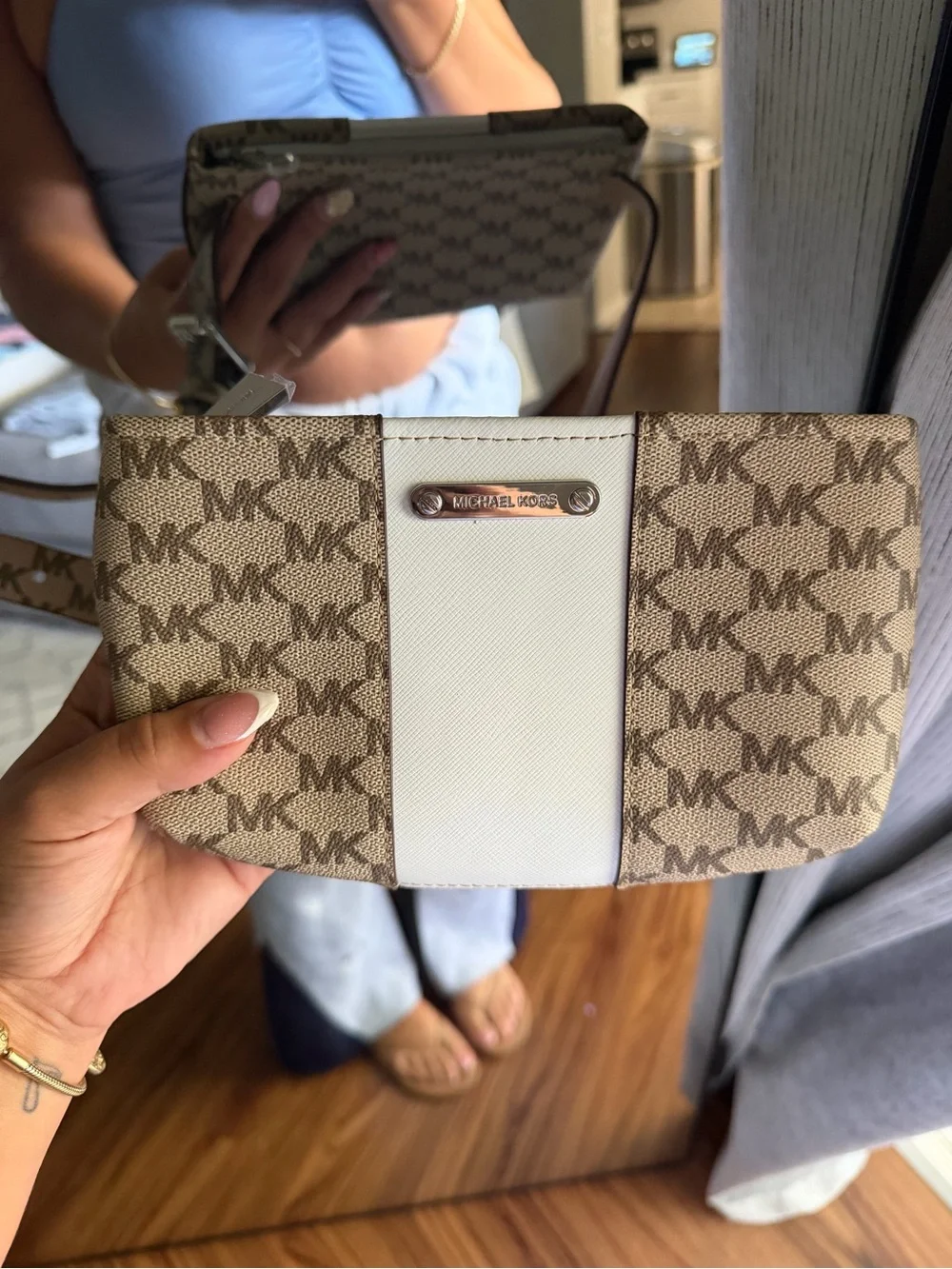Michael Kors Beige Signature Logo FANNY PACK with White Center Panel